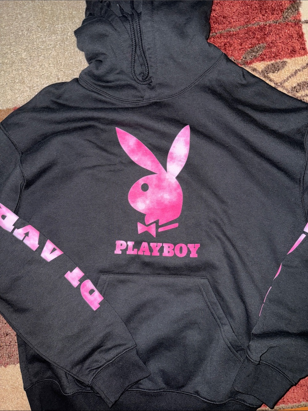 PLAYBOY Bunny Black Graphic Hoodie with Pink Script on Sleeves- Size Large New - Picture 3 of 3